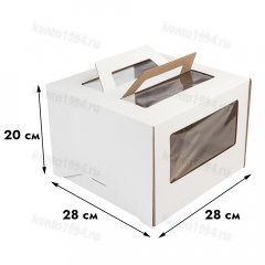 Коробка для торта 28х28h20 см, 3 окна, с ручк., БЕЛАЯ, ШТ