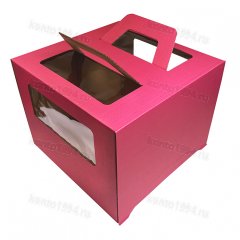 Коробка для торта 30х30h19 мм, 3 окна, с ручк., МАЛИНОВАЯ, ШТ