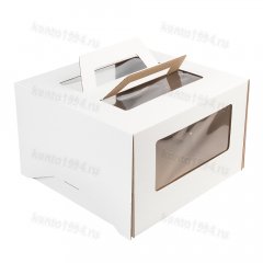 Коробка для торта 30х30h19 мм, 3 окна, с ручк., БЕЛАЯ, ШТ