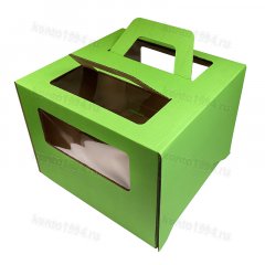 Коробка для торта 30х30h19 мм, 3 окна, с ручк., ЗЕЛЕНЫЙ, ШТ